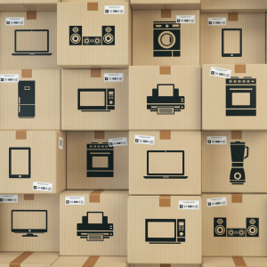 Boxes stacked up on top of eachother. Each box has a imae og a icon on them representing a device. Examples are computer monitors, tv's, printer, blender and fridge